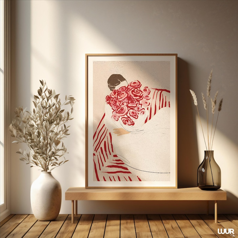 Girly Wall Art, Woman with Flowers Print, Minimalist Red and Pink Illustration, Feminine Modern Digital Poster, Chic Wall Decor for Bedroom