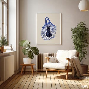 Black Cat Wall Art Printable, Cat in Bag Poster, Blue and Black Color Cat Print for Home Decor, Digital Wall Art, Instant Download, Cat Art