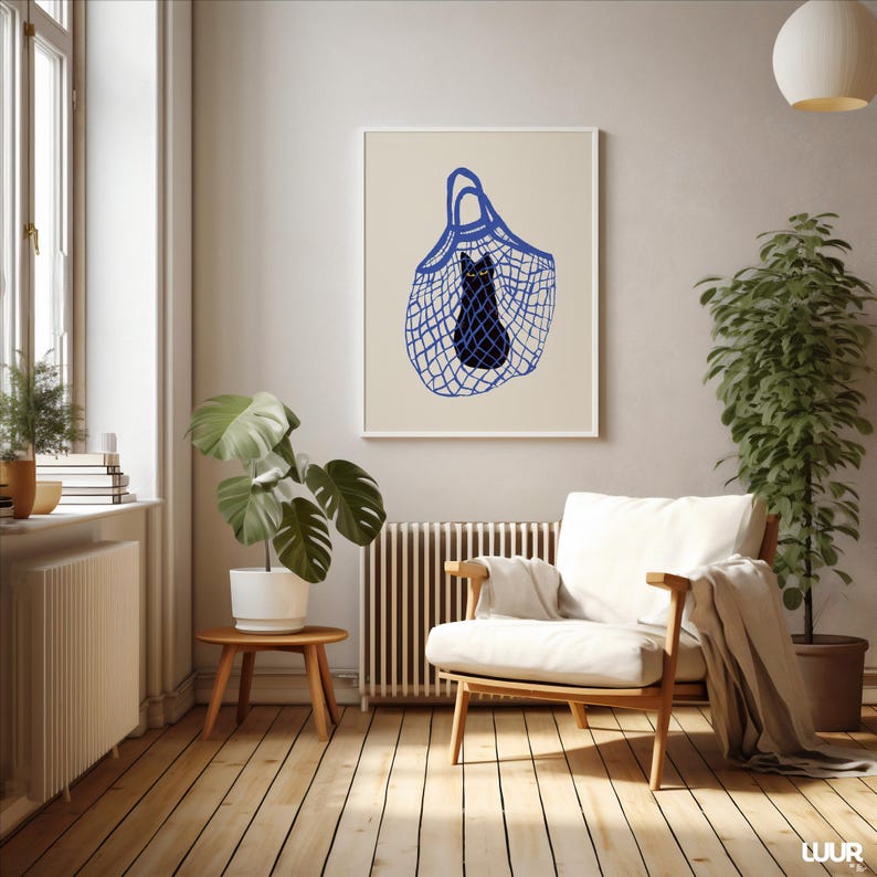 Black Cat Wall Art Printable, Cat in Bag Poster, Blue and Black Color Cat Print for Home Decor, Digital Wall Art, Instant Download, Cat Art