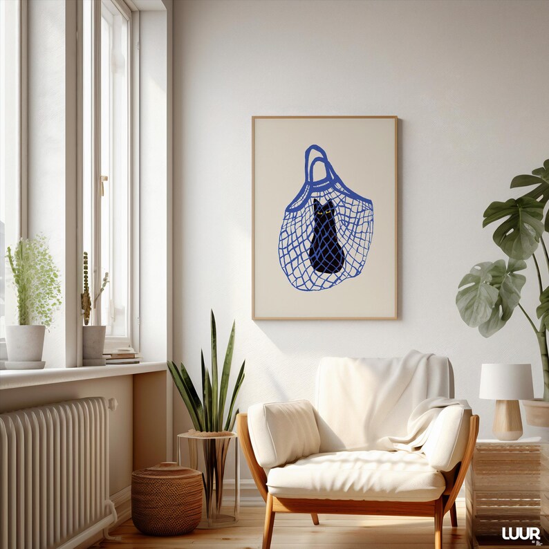 Black Cat Wall Art Printable, Cat in Bag Poster, Blue and Black Color Cat Print for Home Decor, Digital Wall Art, Instant Download, Cat Art