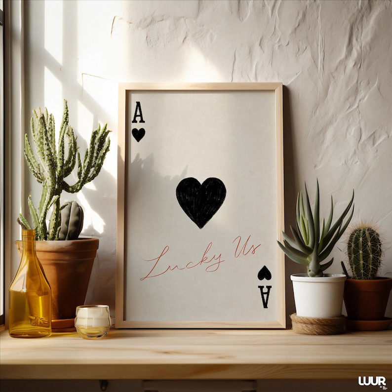 Valentines Day Wall Art Printable, Modern Playing Card Design with 'Lucky Us' Text, Romantic Digital Print Decor, Digital Print, Home Decor