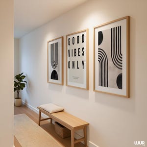 Printable wall art set of 3 modern minimalist posters combining clean black lines and bold typography. With soft beige backgrounds and geometric curves, this collection suits neutral home decor styles. Great for enhancing living rooms, dining areas, bedrooms, and studios. Instant download digital files for easy framing and display.