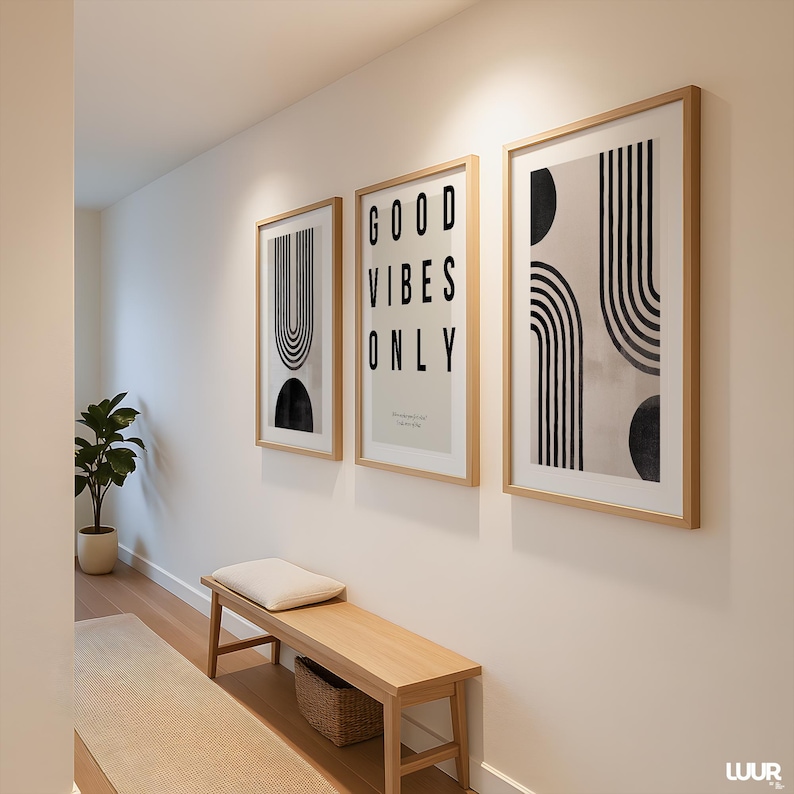 Printable wall art set of 3 modern minimalist posters combining clean black lines and bold typography. With soft beige backgrounds and geometric curves, this collection suits neutral home decor styles. Great for enhancing living rooms, dining areas, bedrooms, and studios. Instant download digital files for easy framing and display.