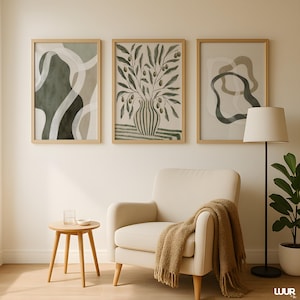 Boho Wall Art Set of 3, Green Gallery Wall Art Prints, Minimal Botanical Abstract Posters, Modern Neutral Home Decor, Olive Green Wall Art