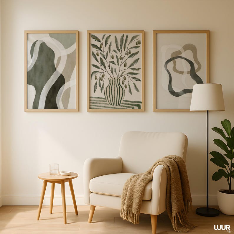 Boho Wall Art Set of 3, Green Gallery Wall Art Prints, Minimal Botanical Abstract Posters, Modern Neutral Home Decor, Olive Green Wall Art