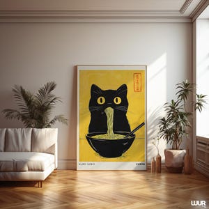 Japanese Wall Art, Kuro Neko Cat Poster, Japandi Ramen Cat Print, Minimalist Black Cat Digital Artwork, Modern Home Decor Printable