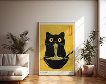 Japanese Wall Art, Kuro Neko Cat Poster, Japandi Ramen Cat Print