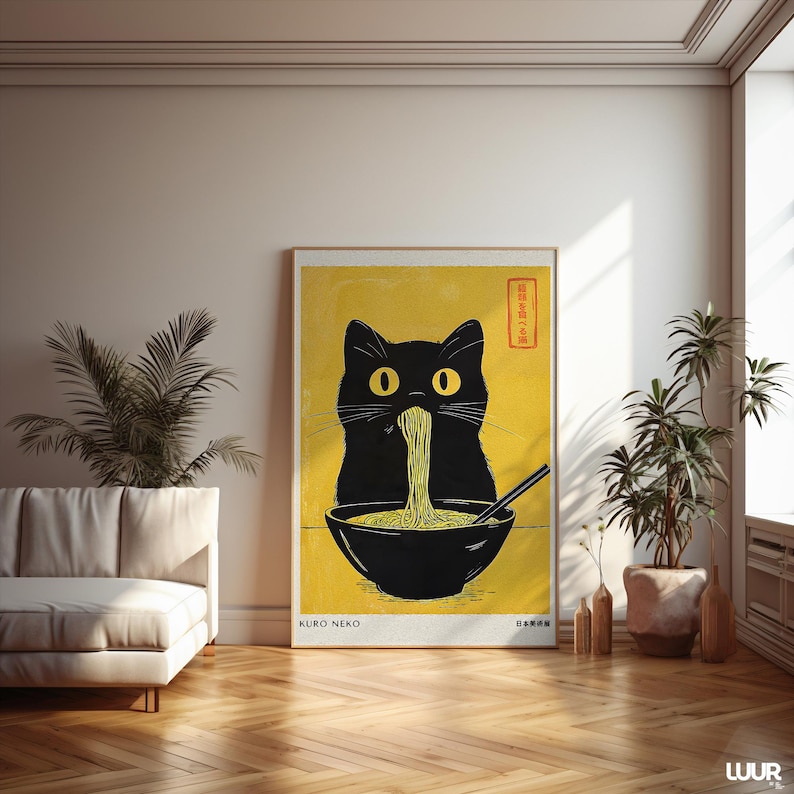 Japanese Wall Art, Kuro Neko Cat Poster, Japandi Ramen Cat Print, Minimalist Black Cat Digital Artwork, Modern Home Decor Printable