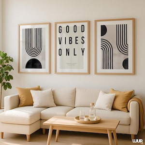 Minimal abstract wall art set of 3 prints designed with curved black lines, geometric shapes, and a bold “GOOD VIBES ONLY” typography poster. Perfect for modern, Japandi, and neutral interiors. This printable artwork adds balance and sophistication to any living room, office, or entryway. High-resolution files for instant download and easy home printing.