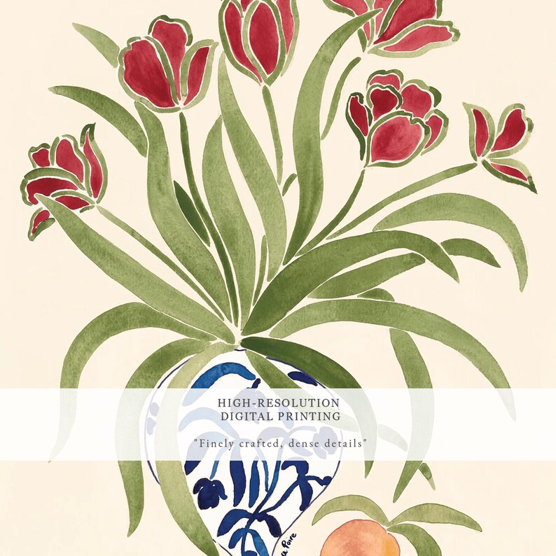 Tulip Wall Art Print, Red Floral Vase Poster, Botanical Printable Wall Art, Vintage Flower Decor, Cottagecore Art Print, Dutch Style Poster, Digital Download