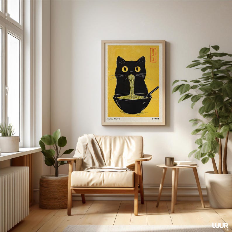 Japanese Wall Art, Kuro Neko Cat Poster, Japandi Ramen Cat Print, Minimalist Black Cat Digital Artwork, Modern Home Decor Printable