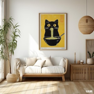 Japanese Wall Art, Kuro Neko Cat Poster, Japandi Ramen Cat Print, Minimalist Black Cat Digital Artwork, Modern Home Decor Printable