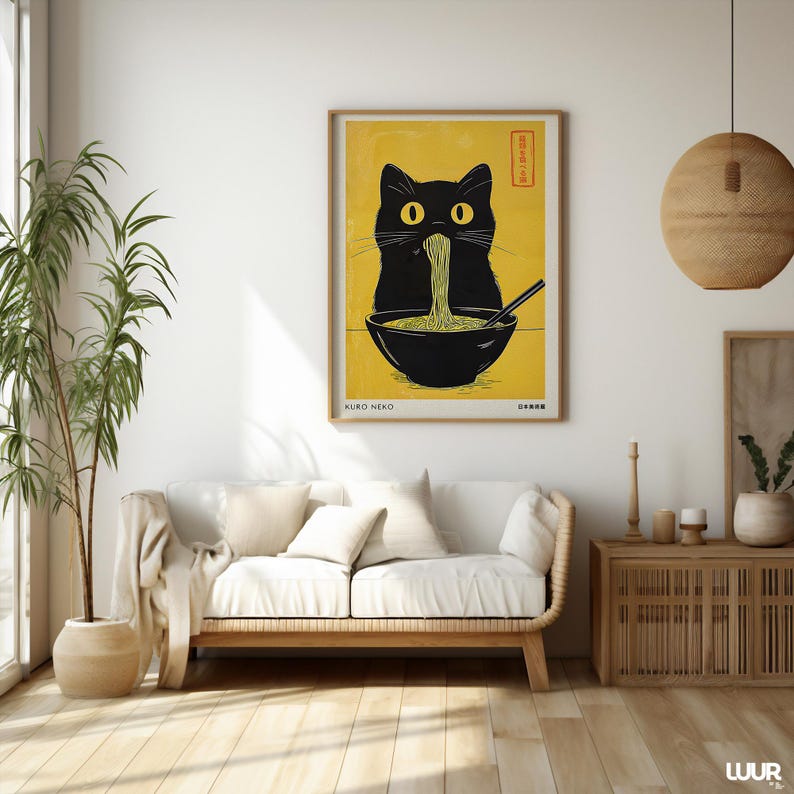 Japanese Wall Art, Kuro Neko Cat Poster, Japandi Ramen Cat Print, Minimalist Black Cat Digital Artwork, Modern Home Decor Printable