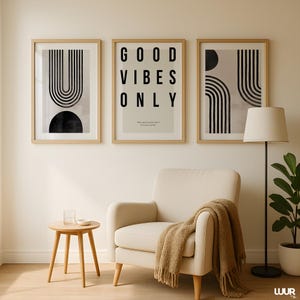A modern set of 3 prints featuring minimalist black line art and bold typography, perfect for Scandinavian and neutral home decor. These printable wall art designs bring a clean, stylish, and contemporary look to living rooms, dining areas, bedrooms, and hallways. Ideal for creating a cohesive gallery wall with soft beige tones and geometric shapes.