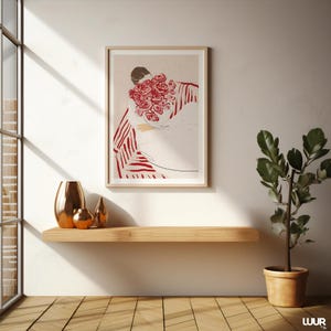 Girly Wall Art, Woman with Flowers Print, Minimalist Red and Pink Illustration, Feminine Modern Digital Poster, Chic Wall Decor for Bedroom