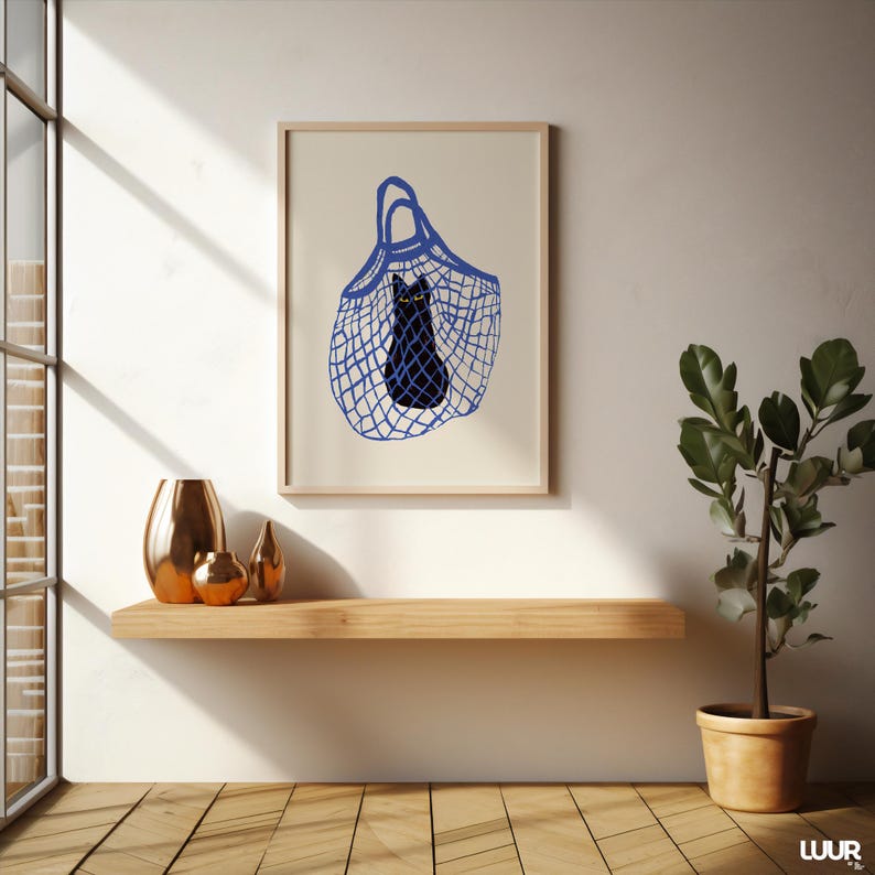 Black Cat Wall Art Printable, Cat in Bag Poster, Blue and Black Color Cat Print for Home Decor, Digital Wall Art, Instant Download, Cat Art