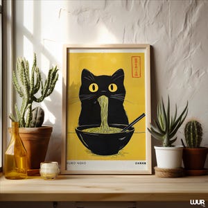 Japanese Wall Art, Kuro Neko Cat Poster, Japandi Ramen Cat Print, Minimalist Black Cat Digital Artwork, Modern Home Decor Printable