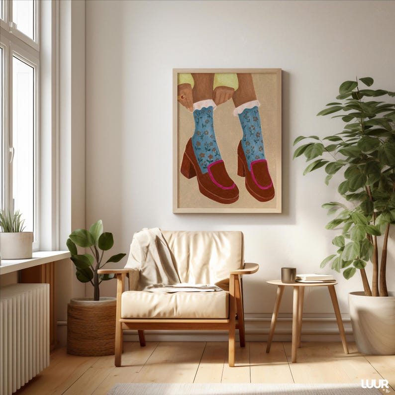 Girly Wall Art, Retro Heels Illustration, Blue Floral Socks Print, Vintage Fashion Poster, Feminine Digital Download, Cute Wall Art Decor