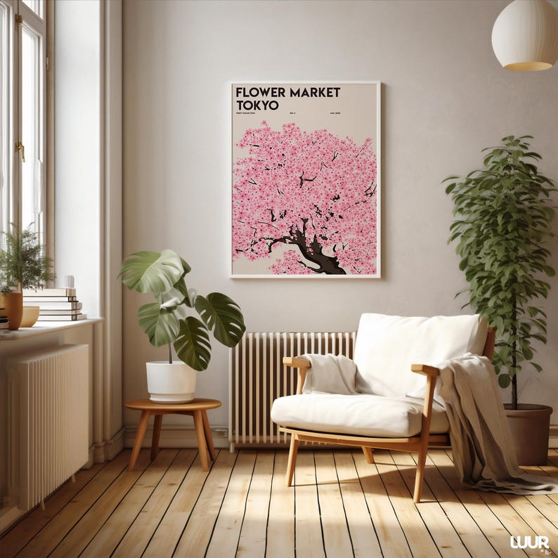 Flower Market Tokyo Wall Art, Pink Floral Market Printable Poster, Abstract Flower Art Print for Living Room Decor, Digital Download