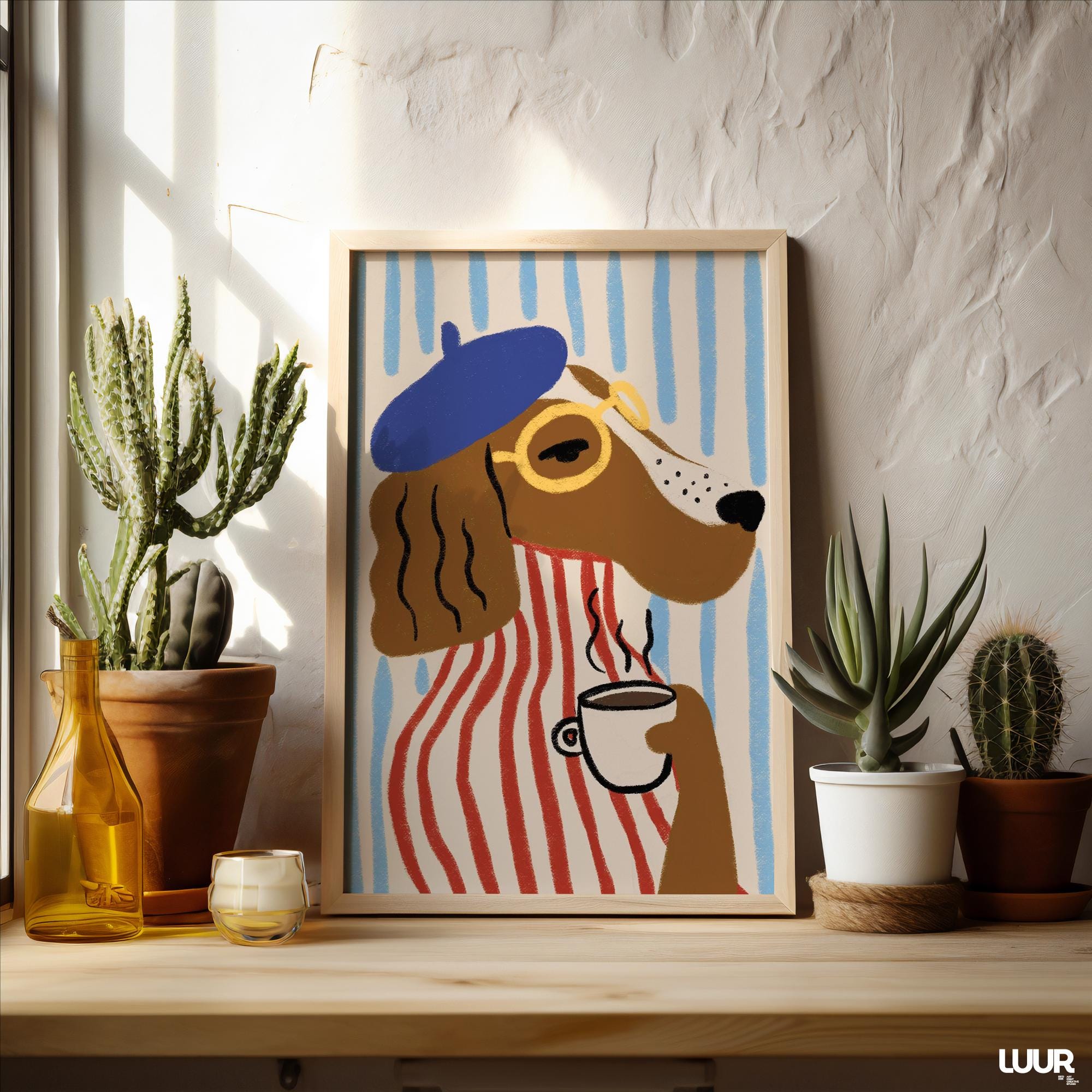 Funny Dog Wall Art Print, Coffee Lover Dog Illustration, Cute Dog