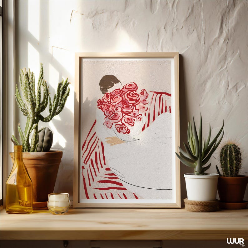 Girly Wall Art, Woman with Flowers Print, Minimalist Red and Pink Illustration, Feminine Modern Digital Poster, Chic Wall Decor for Bedroom