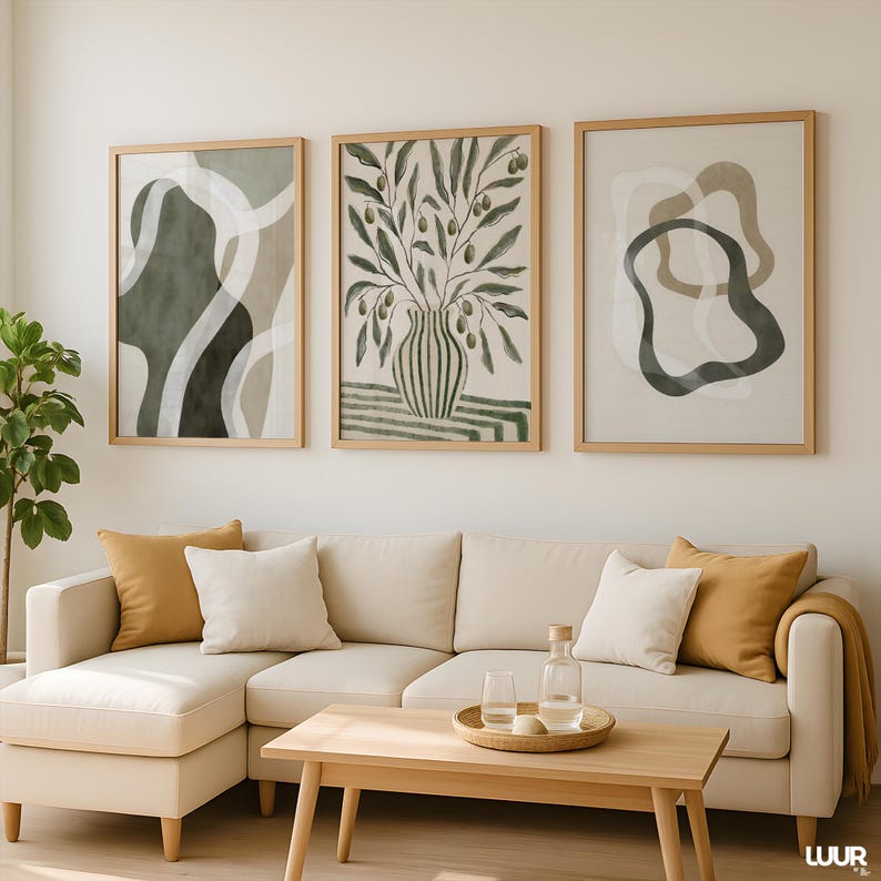 Boho Wall Art Set of 3, Green Gallery Wall Art Prints, Minimal Botanical Abstract Posters, Modern Neutral Home Decor, Olive Green Wall Art