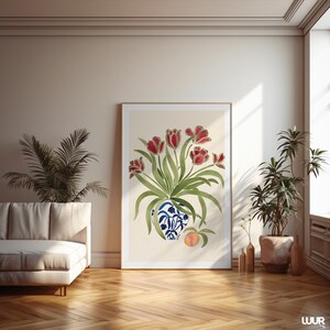 Tulip Wall Art Print, Red Floral Vase Poster, Botanical Printable Wall Art, Vintage Flower Decor, Cottagecore Art Print, Dutch Style Poster, Digital Download