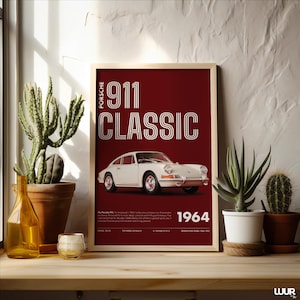 Porsche Wall Art, Classic 911 Print, Retro Car Poster, Vintage Sports Car Artwork, Minimal Red Automotive Decor, Digital Download