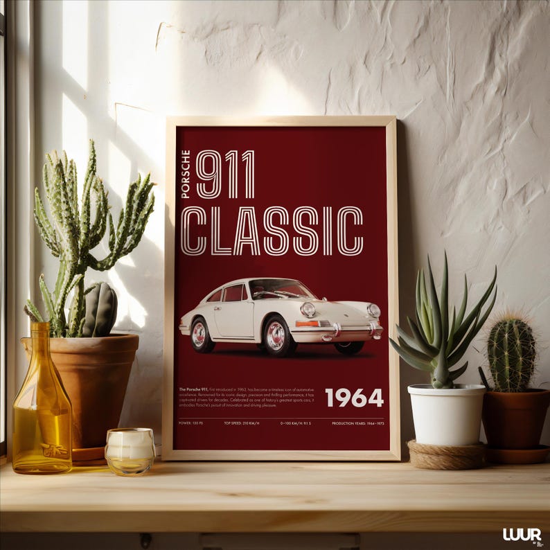 Porsche Wall Art, Classic 911 Print, Retro Car Poster, Vintage Sports Car Artwork, Minimal Red Automotive Decor, Digital Download