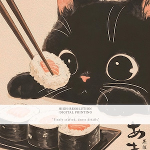 Japanese Wall Art Black Cat Wall Art Print, Cute Sushi Cat Poster, Modern Wall Decor for Kitchen Living Room, Instant Digital Download
