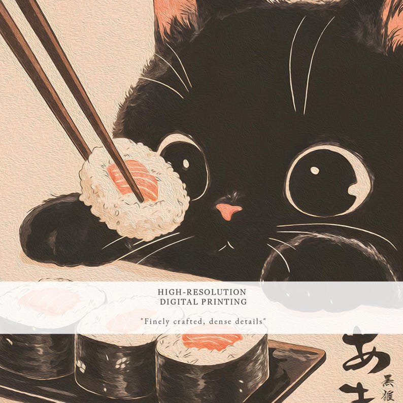 Japanese Wall Art Black Cat Wall Art Print, Cute Sushi Cat Poster, Modern Wall Decor for Kitchen Living Room, Instant Digital Download
