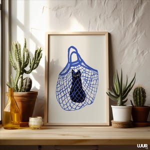 Black Cat Wall Art Printable, Cat in Bag Poster, Blue and Black Color Cat Print for Home Decor, Digital Wall Art, Instant Download, Cat Art