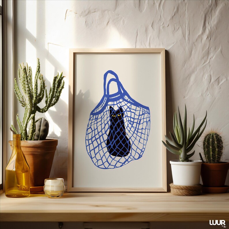Black Cat Wall Art Printable, Cat in Bag Poster, Blue and Black Color Cat Print for Home Decor, Digital Wall Art, Instant Download, Cat Art