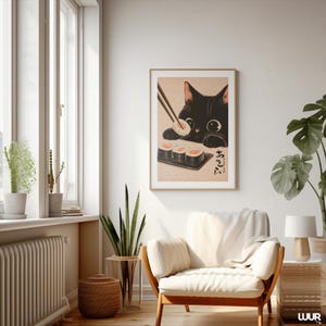 Japanese Wall Art Black Cat Wall Art Print, Cute Sushi Cat Poster, Modern Wall Decor for Kitchen Living Room, Instant Digital Download