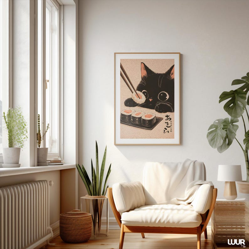 Japanese Wall Art Black Cat Wall Art Print, Cute Sushi Cat Poster, Modern Wall Decor for Kitchen Living Room, Instant Digital Download