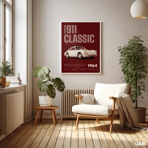 Porsche Wall Art, Classic 911 Print, Retro Car Poster, Vintage Sports Car Artwork, Minimal Red Automotive Decor, Digital Download