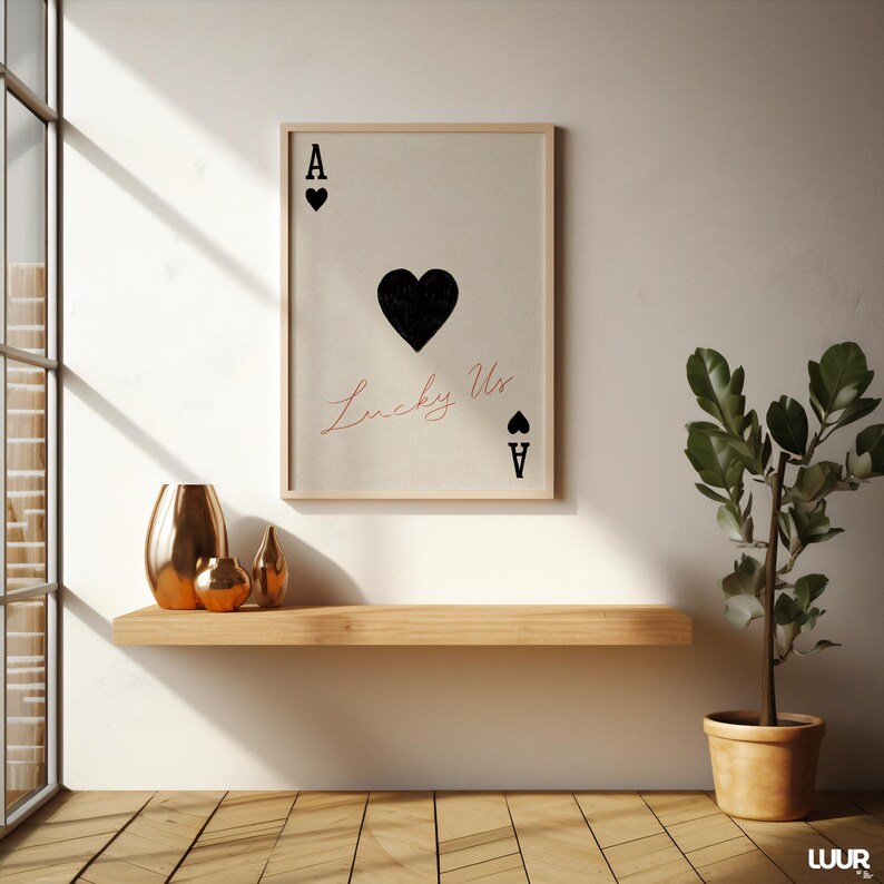 Valentines Day Wall Art Printable, Modern Playing Card Design with 'Lucky Us' Text, Romantic Digital Print Decor, Digital Print, Home Decor