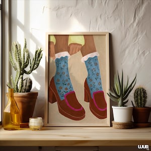 Girly Wall Art, Retro Heels Illustration, Blue Floral Socks Print, Vintage Fashion Poster, Feminine Digital Download, Cute Wall Art Decor