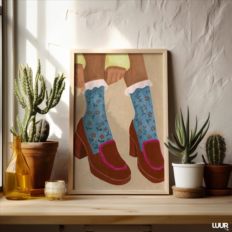 Girly Wall Art, Retro Heels Illustration, Blue Floral Socks Print, Vintage Fashion Poster, Feminine Digital Download, Cute Wall Art Decor