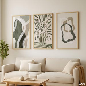 Boho Wall Art Set of 3, Green Gallery Wall Art Prints, Minimal Botanical Abstract Posters, Modern Neutral Home Decor, Olive Green Wall Art