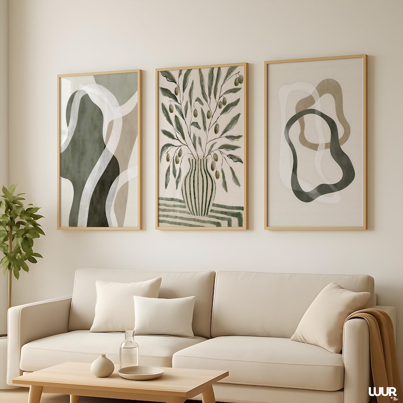 Boho Wall Art Set of 3, Green Gallery Wall Art Prints, Minimal Botanical Abstract Posters, Modern Neutral Home Decor, Olive Green Wall Art