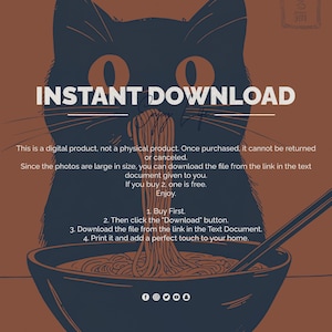 Japanese Wall Art, Kuro Neko Cat Poster, Japandi Ramen Cat Print, Minimalist Black Cat Digital Artwork, Modern Home Decor Printable