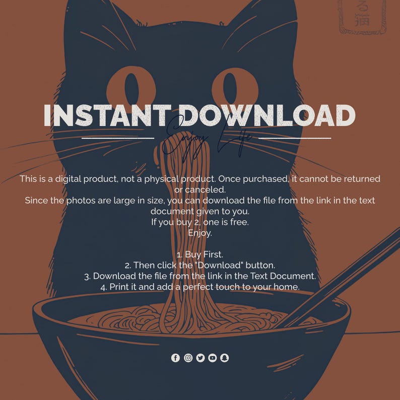 Japanese Wall Art, Kuro Neko Cat Poster, Japandi Ramen Cat Print, Minimalist Black Cat Digital Artwork, Modern Home Decor Printable