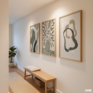 Boho Wall Art Set of 3, Green Gallery Wall Art Prints, Minimal Botanical Abstract Posters, Modern Neutral Home Decor, Olive Green Wall Art