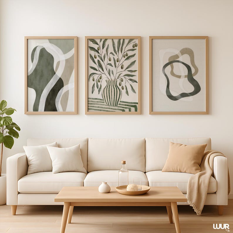 Boho Wall Art Set of 3, Green Gallery Wall Art Prints, Minimal Botanical Abstract Posters, Modern Neutral Home Decor, Olive Green Wall Art