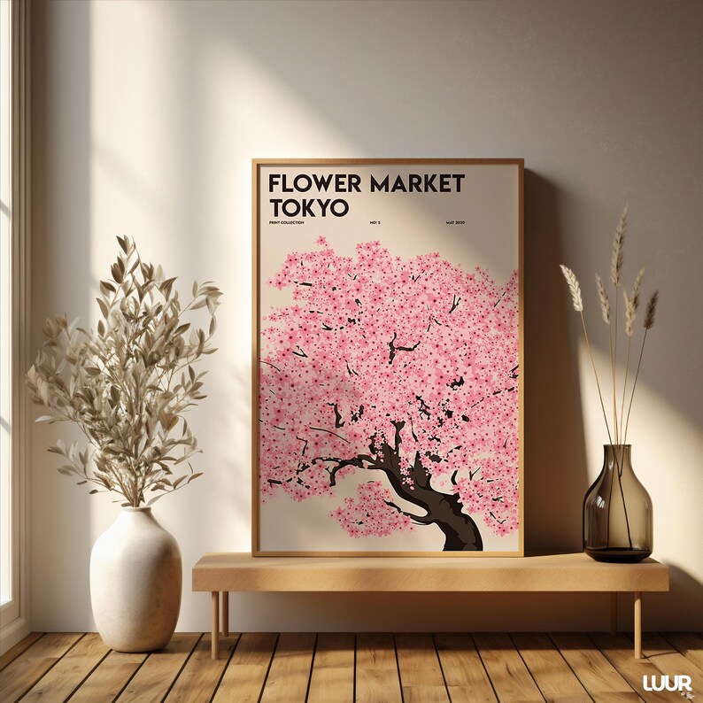 Flower Market Tokyo Wall Art, Pink Floral Market Printable Poster, Abstract Flower Art Print for Living Room Decor, Digital Download