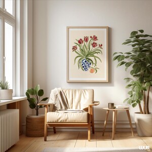 Tulip Wall Art Print, Red Floral Vase Poster, Botanical Printable Wall Art, Vintage Flower Decor, Cottagecore Art Print, Dutch Style Poster, Digital Download