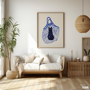Black Cat Wall Art Printable, Cat in Bag Poster, Blue and Black Color Cat Print for Home Decor, Digital Wall Art, Instant Download, Cat Art