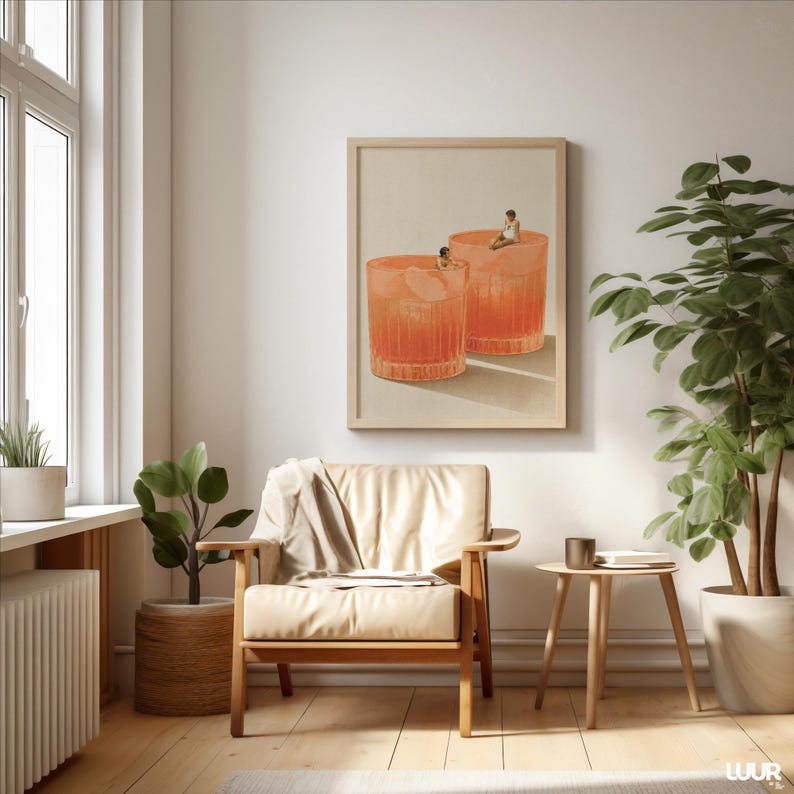 Surreal Cocktail Wall Art, Aperol Spritz Poster, Vintage Summer Print, Retro Pool Scene, Minimal Beach Art, Printable Wall Art, Digital Download