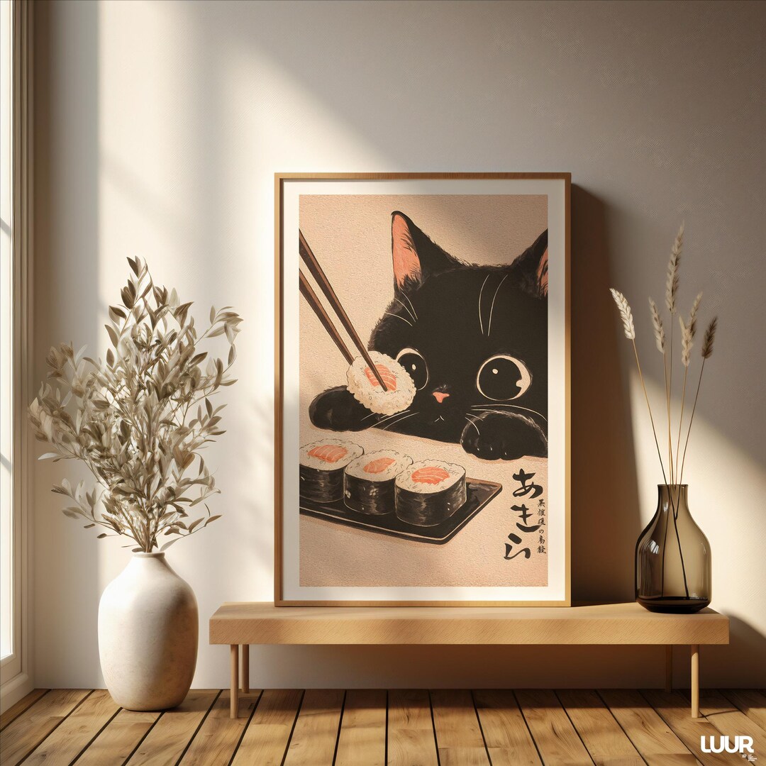 Japanese Wall Art Black Cat Wall Art Print, Cute Sushi Cat Poster ...